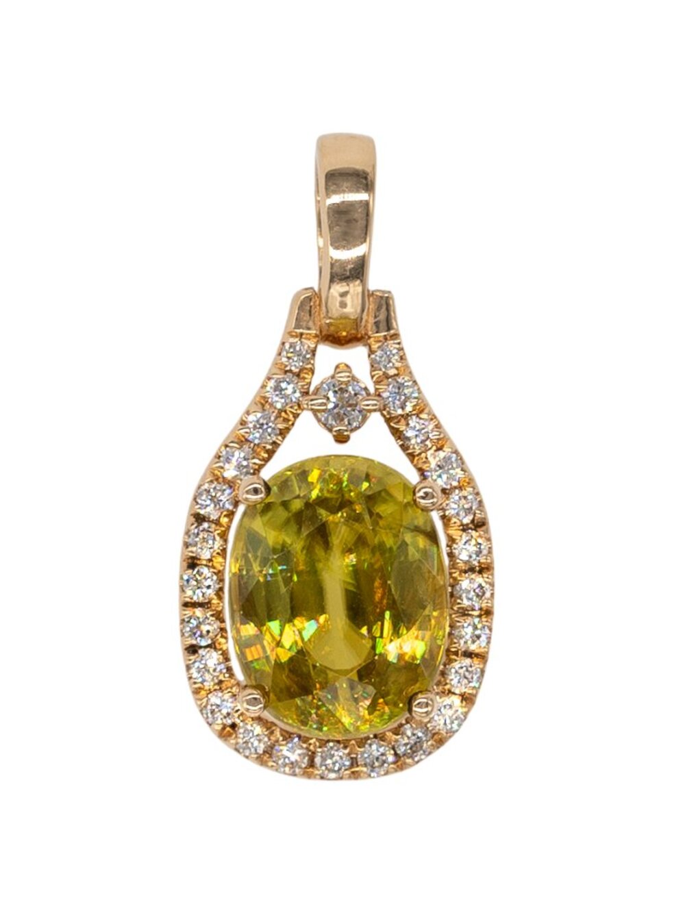 Natural Sphene Cushion Pendant with Diamond Accents in Solid 14K Gold